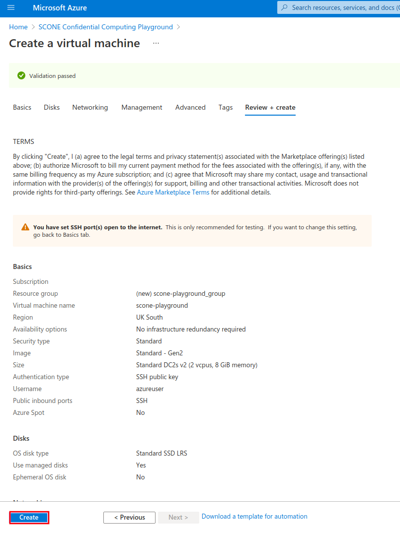 Review and validate the configuration for the SCONE Confidential Computing Playground offer before creating the VM