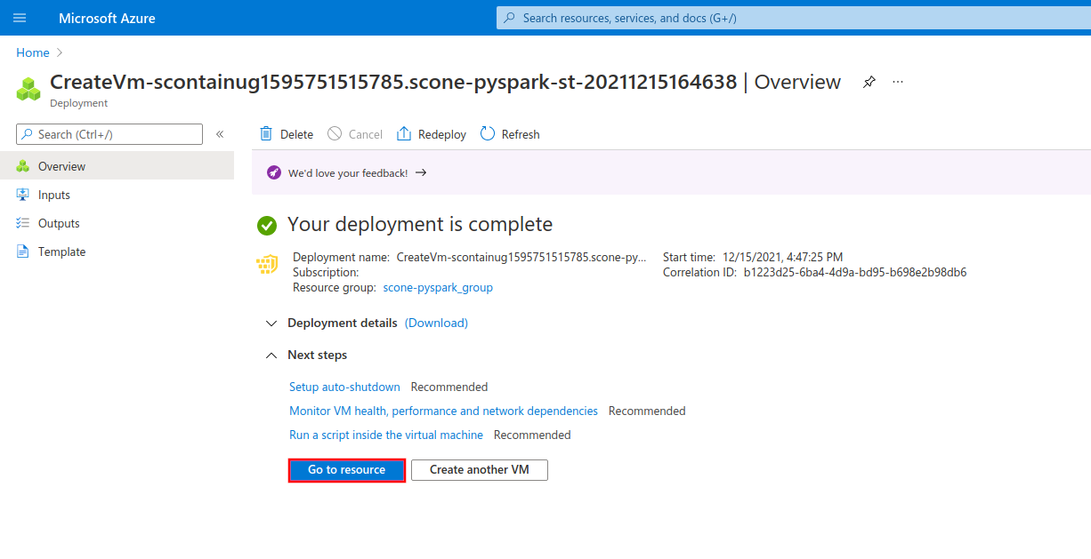 Once deployment is complete, go to resource to see more information about the VM