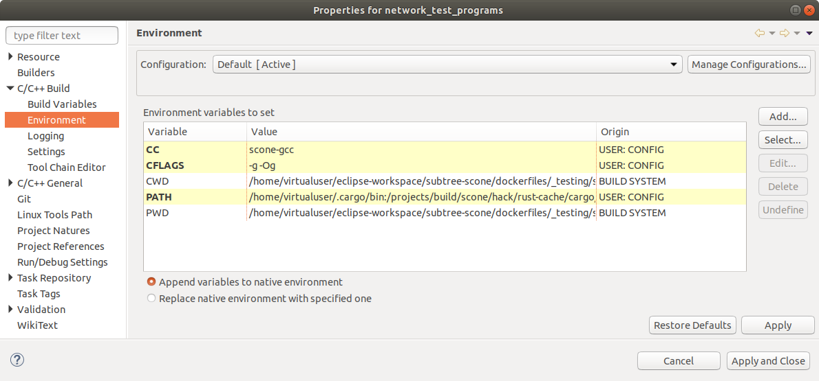 Application build environment configuration