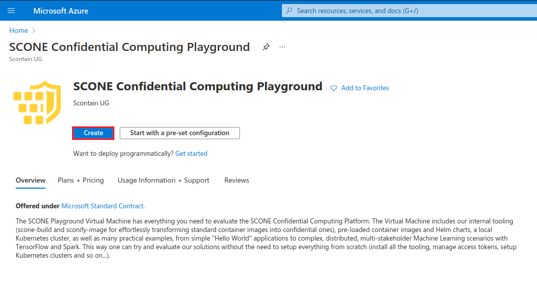 Create a VM from the SCONE Confidential Computing Playground offer