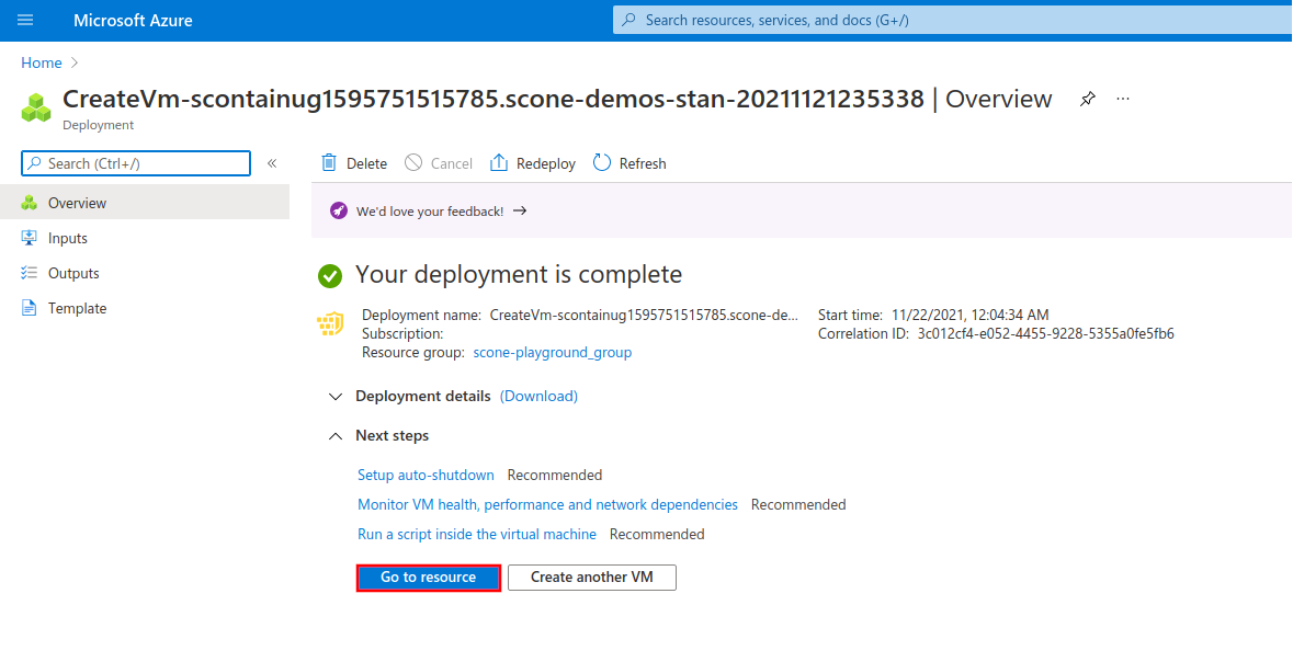 Once deployment is complete, go to resource to see more information about the VM