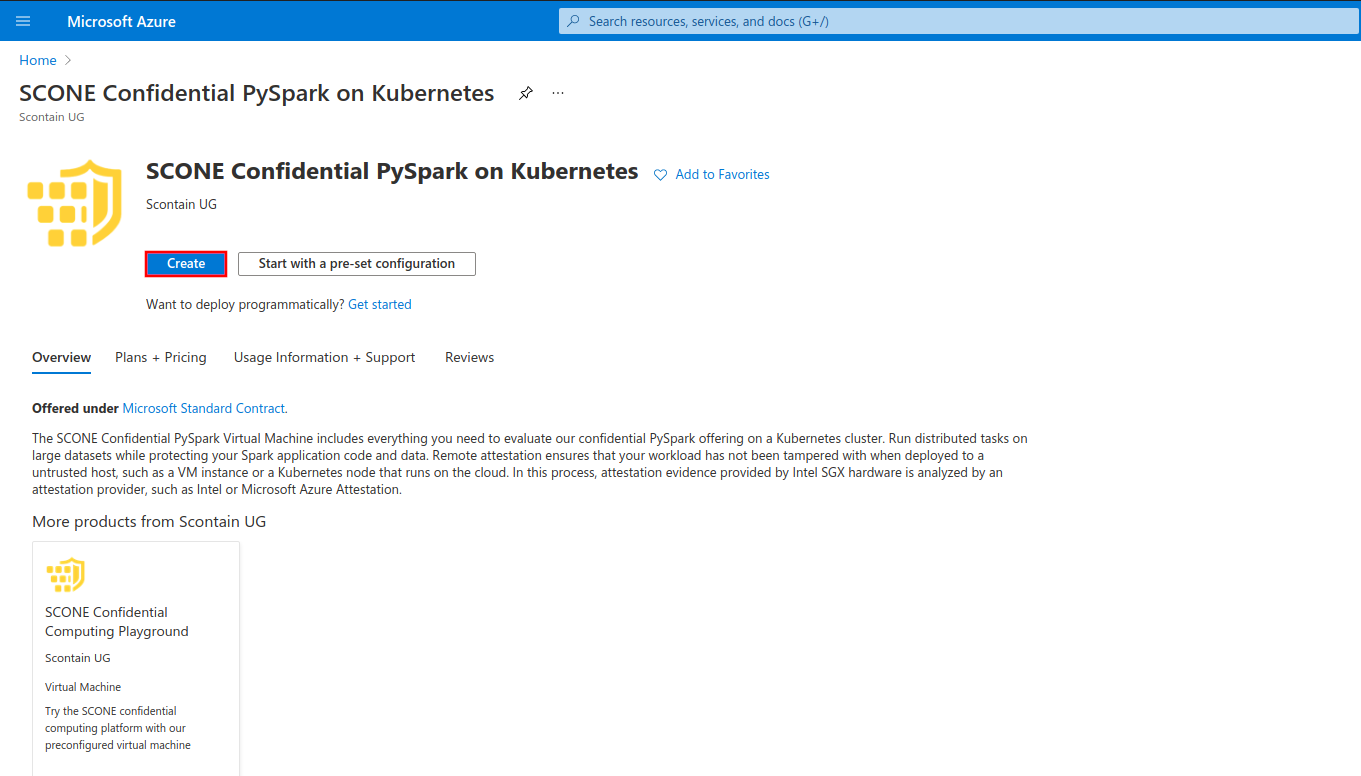 Create a VM from the SCONE Confidential PySpark on Kubernetes offer