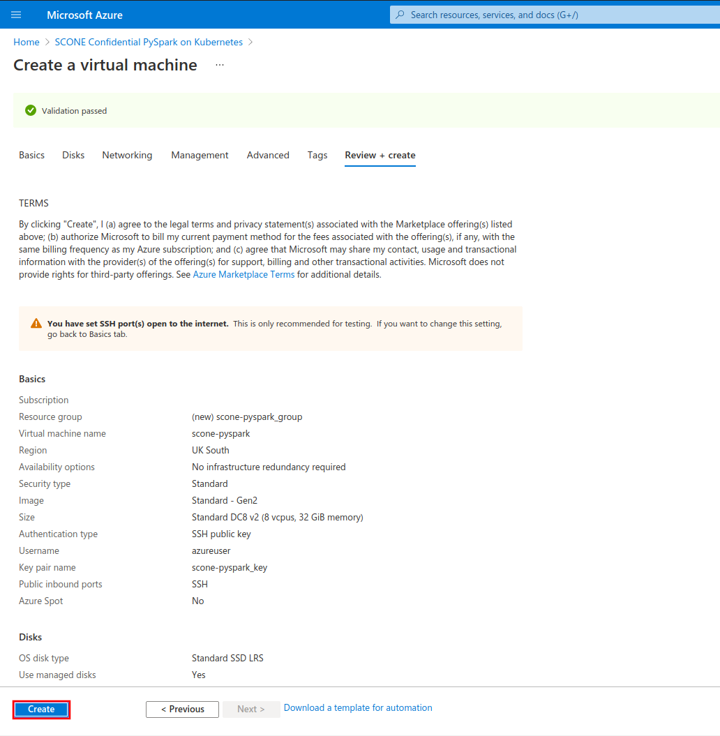 Review and validate the configuration for the SCONE Confidential PySpark on Kubernetes offer before creating the VM