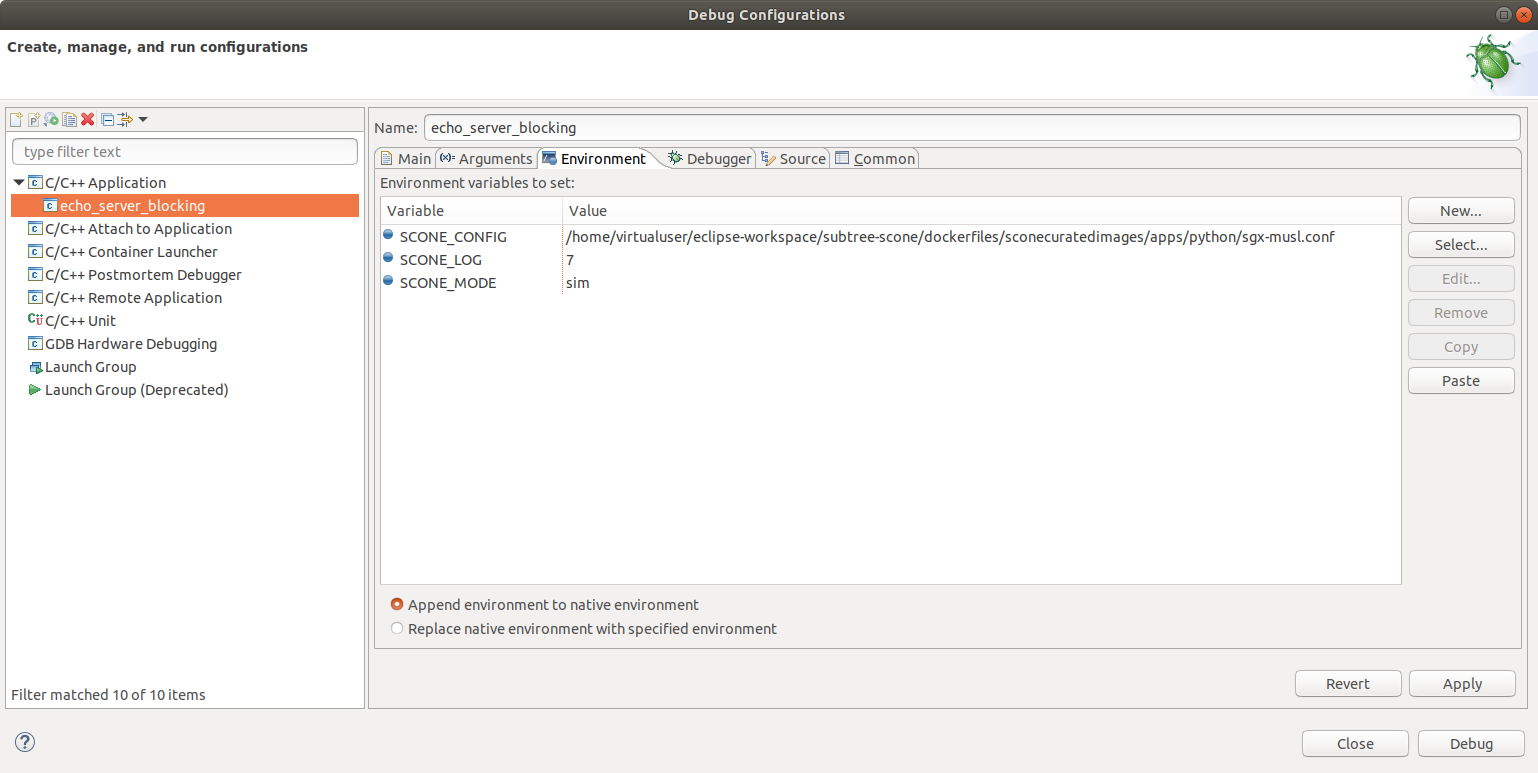 Application debug environment configuration